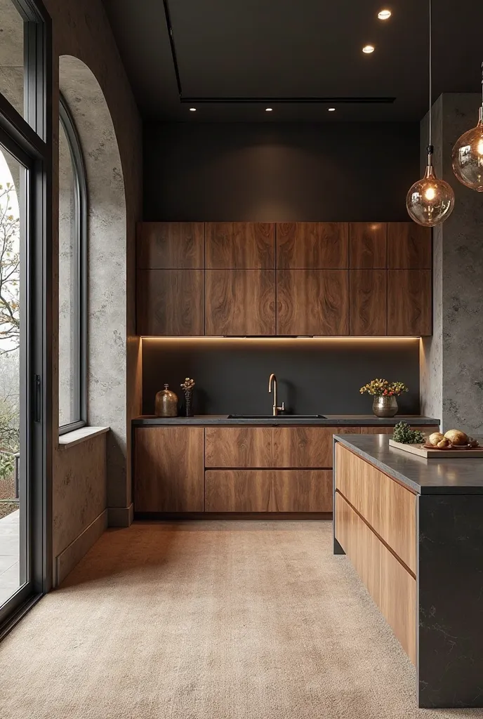 Dark Industrial luxury Interior Design. Kitchen. luxury, Massive Carpet. Vanilla, Almond, Sand Dune. Cinder Gray, Cloud Gray, Espresso, Mocha, Rich Teak, Natural Beech. Walnut, Deep Mahogany, Caramel. Concrete. Deep-red. Luxury brass silver