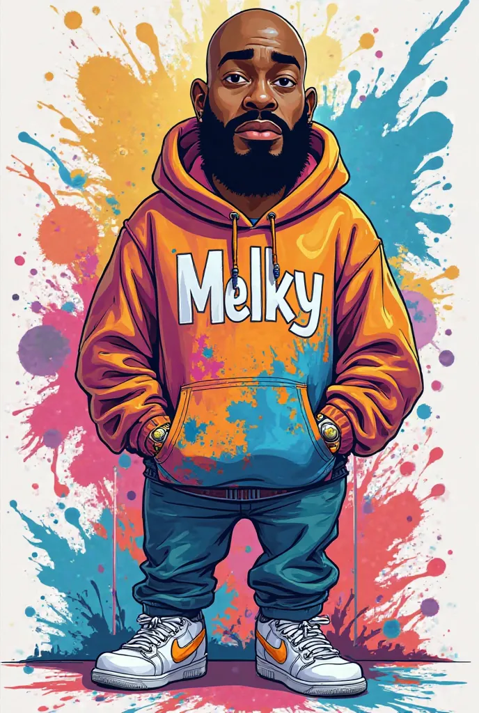 A Simpsons-style cartoon of a 30-year-old black man, bald and with a beard and an earring on his left ear, wearing a hood that says MELKY, FULL OF PAINT , while wearing white Nike sneakers