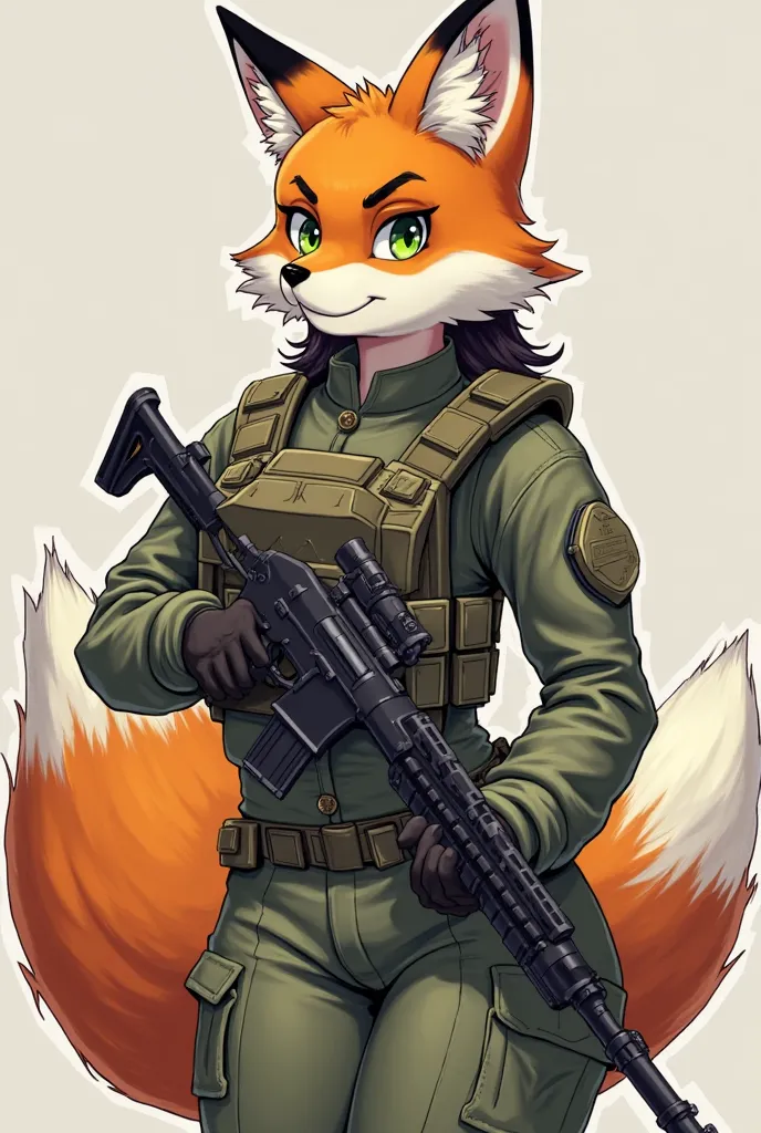 Orange and white fox girl with fox ears and a fluffy fox tail and also an athletic body, One meter tall ninety, wide hips, big breasts,green eyes, dark hair with a kind experience but would be. Who is holding a gun in his hands and military uniform with a ...