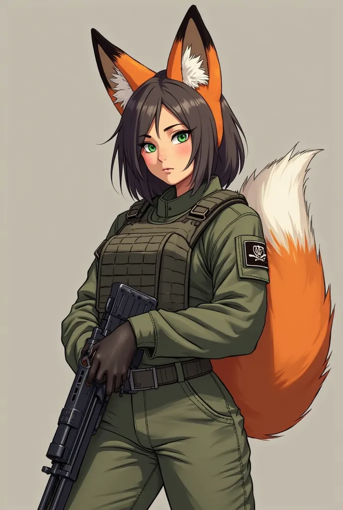 Orange and white fox girl with fox ears and a fluffy fox tail and also an athletic body, One meter tall ninety, wide hips, big breasts,green eyes, dark hair with a kind experience but would be. Who is holding a gun in his hands and military uniform with a ...