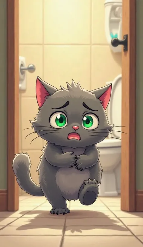 A cute, fluffy gray cat with bright green eyes rushes into the bathroom, looking desperate. Its paws clutch its belly, and its face shows an expression of discomfort and urgency. Its tail is slightly raised, and its ears are tilted back, emphasizing its di...