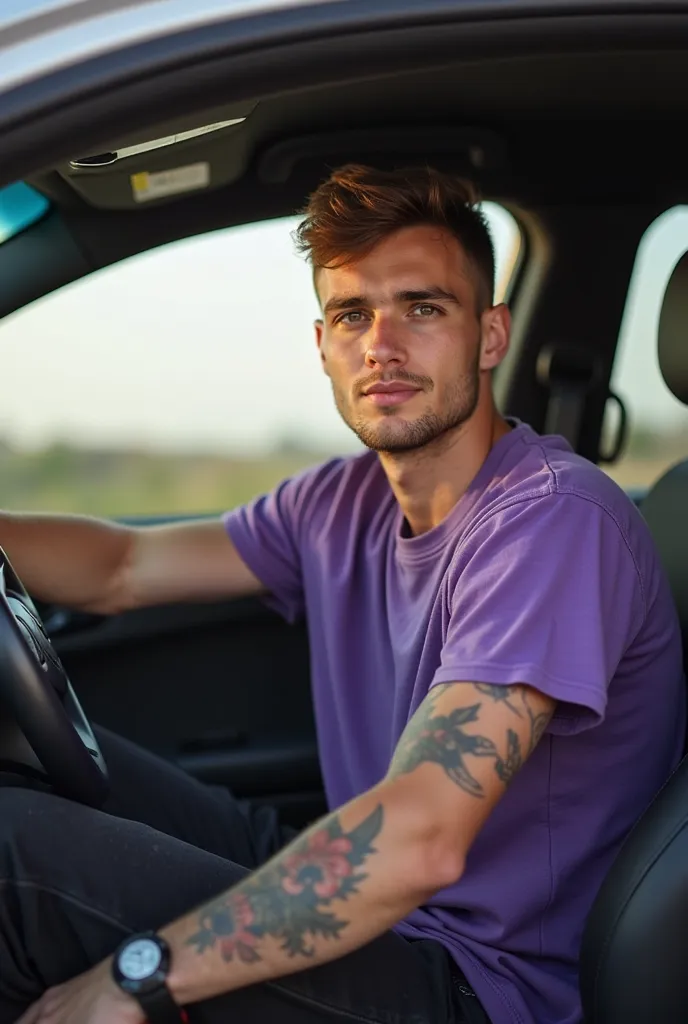 High-definition image of a 20-year-old man with a tattoo on his arm, daytime image, he is wearing a simple loose purple T-shirt and black jeans, and there is shadow on his clothes, he is sitting like a car driver, posing for photography, high-definition im...