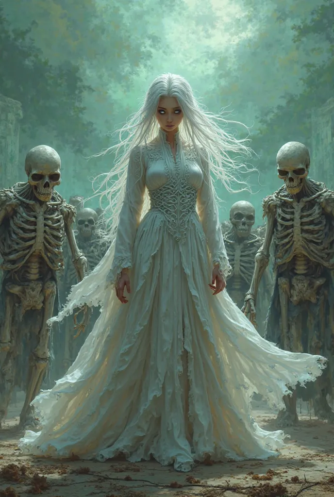 A female necromancer with knee-length white hair wearing complex layered handu-like dress and white eyes with no popils commanding the army of the dead