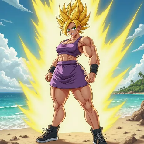 Create a 25-year-old Muscular woman, she has yellow spiky hair and green eyes and a yellow eyeshadow and is smiling and she wears a purple shirt, tank top, purple skirt and black sneakers, beach scenery, sea, green, sunny blue sky.
Do her in Super Saiyan w...