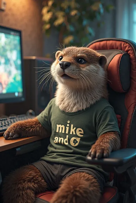 otter,sitting in a gaming chair, with a gaming pc next to him, and the otter wears a t-shirt that says mike and 7