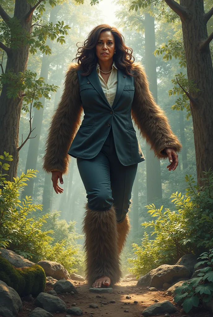 make an image of Kamala Harris as big foot walking through the wilderness