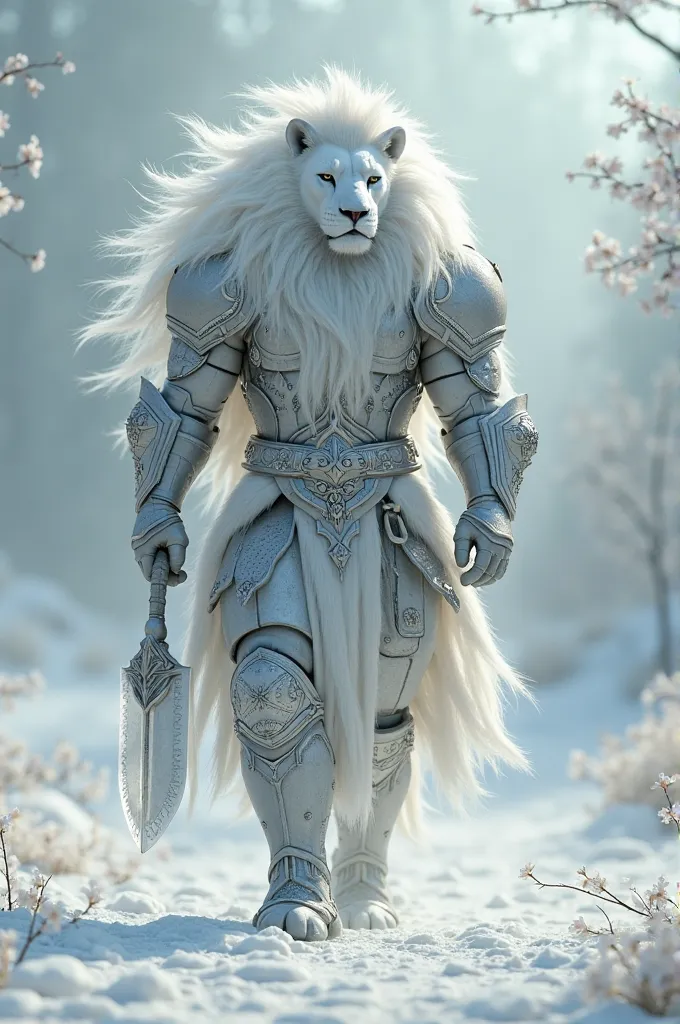 front view,knights Dashing white lion head with epic mane hair,and human body,white hairy athletic body,wears colossal combat armor. The epic,combination of silver,white and blue ,wears blue belt cloth,Walking in the middle of a snow-white plain,sharp star...