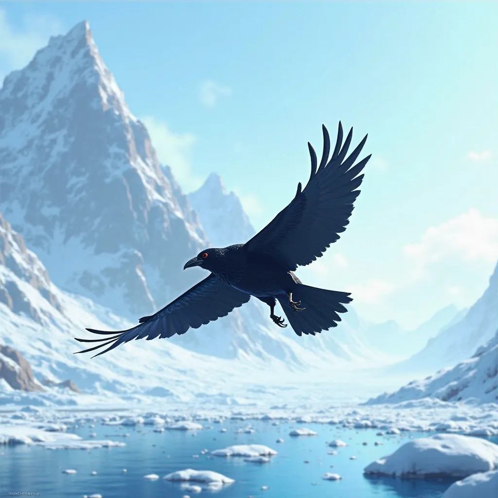 a black crow flying over a glacier