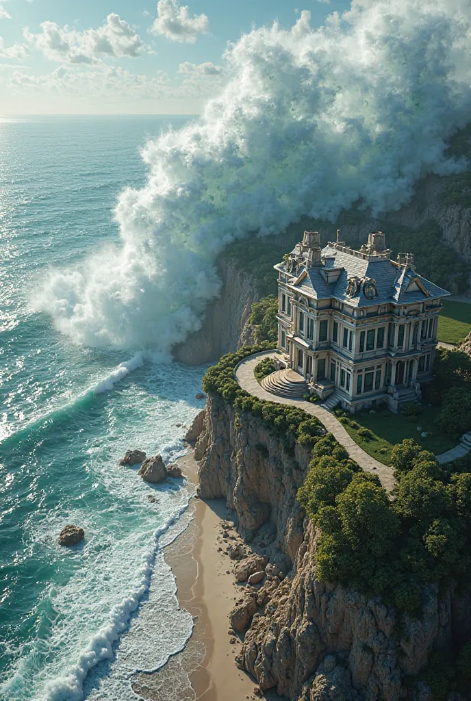 A luxurious mansion with a view from above with a drone the mansion is on the beachfront and a giant wave throws water over the top