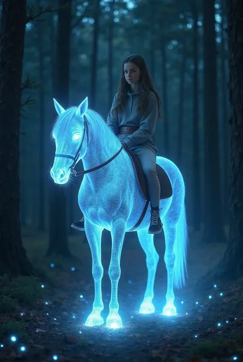 girl sitting on a ghostly horse, that glows blue and white and her eyes are pure white, the horse should be realistic, not cartoonish, the girl must be an adult 17, NOT A  , surrounded by small glowing circles, they are standing in a dark pine forest, he i...