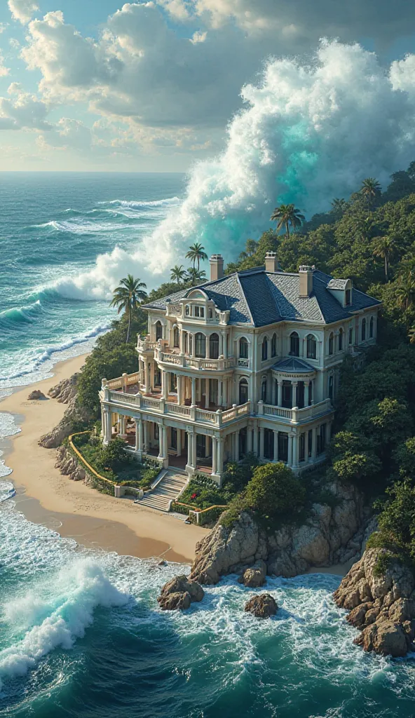 A luxurious mansion with a view from above with a drone the mansion is on the beachfront and a giant wave throws water over the top