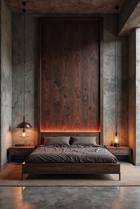 Dark Industrial hardcore Interior Design. Bedroom. Cinder Gray, Cloud Gray, Espresso, Mocha, Rich Teak, Deep Mahogany, Concrete. Deep-red. heavy industrial loft