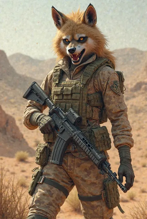 Ok better an image of a hyena girl in military uniform wearing her ballistic vest and an ak12 in desert camouflage.