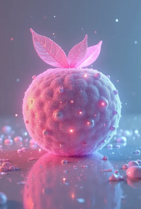 Pastel pink futuristic fruit that looks like a blueberry mix, framboise, cassis, cherry with glitter and neon