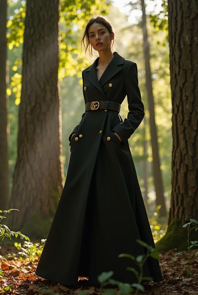 ""
A dramatic Vogue-style photoshoot in a dense forest: a model in a bold, structured Gucci coat dress poses among tall trees. The sunlight filters through the leaves, creating a stunning interplay of light and shadow."