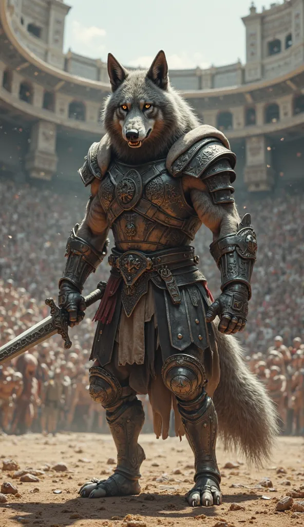 Gray wolf as gladiator in arena with armor and short sword