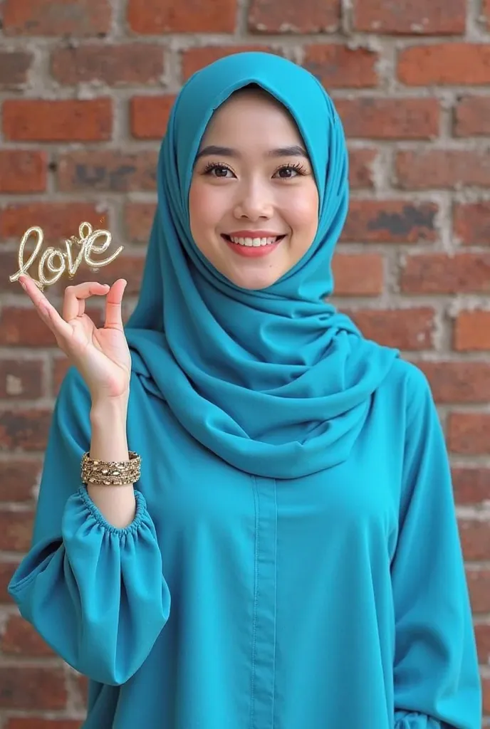 Malaysian girl, muslim, hijab posing for camera, mini love sign, realistic, malay girl, back rest in a brick wall, smiling, beauty, blue attire, Photorealistic