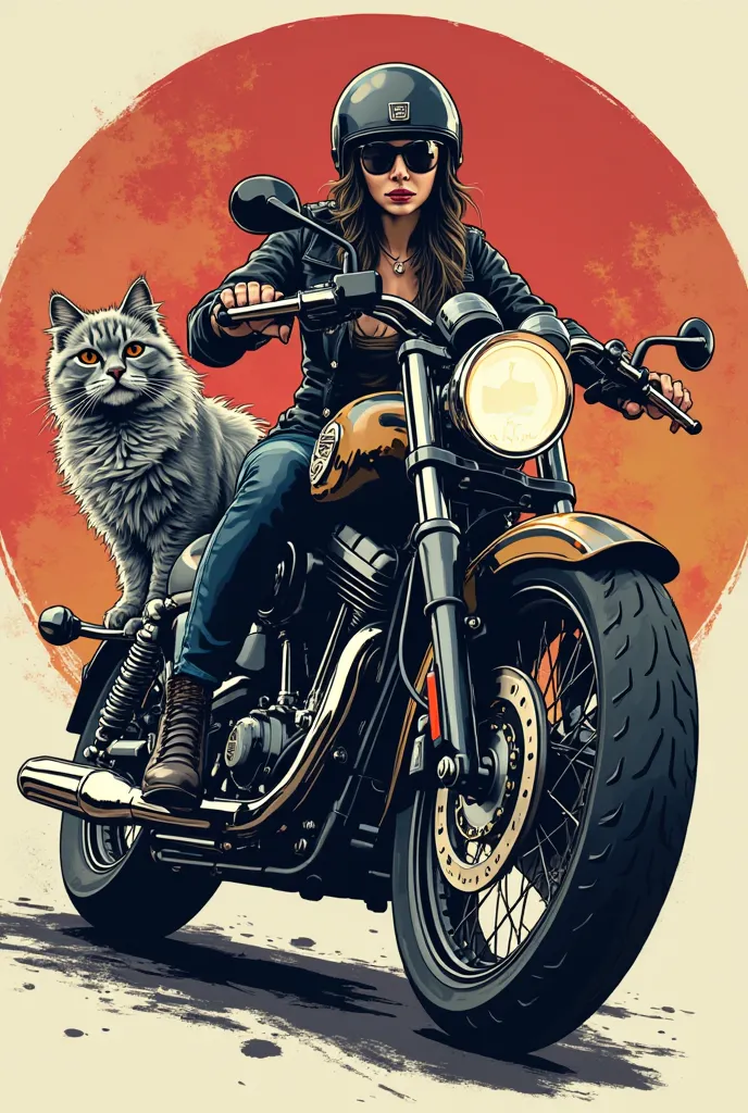 A circular logo, that refers to the, biker theme where it can be seen that the one who is riding the motorcycle is a woman, and where appear a Persian cat with gray hair also appear in the background, appear with a logo for a team biker, 