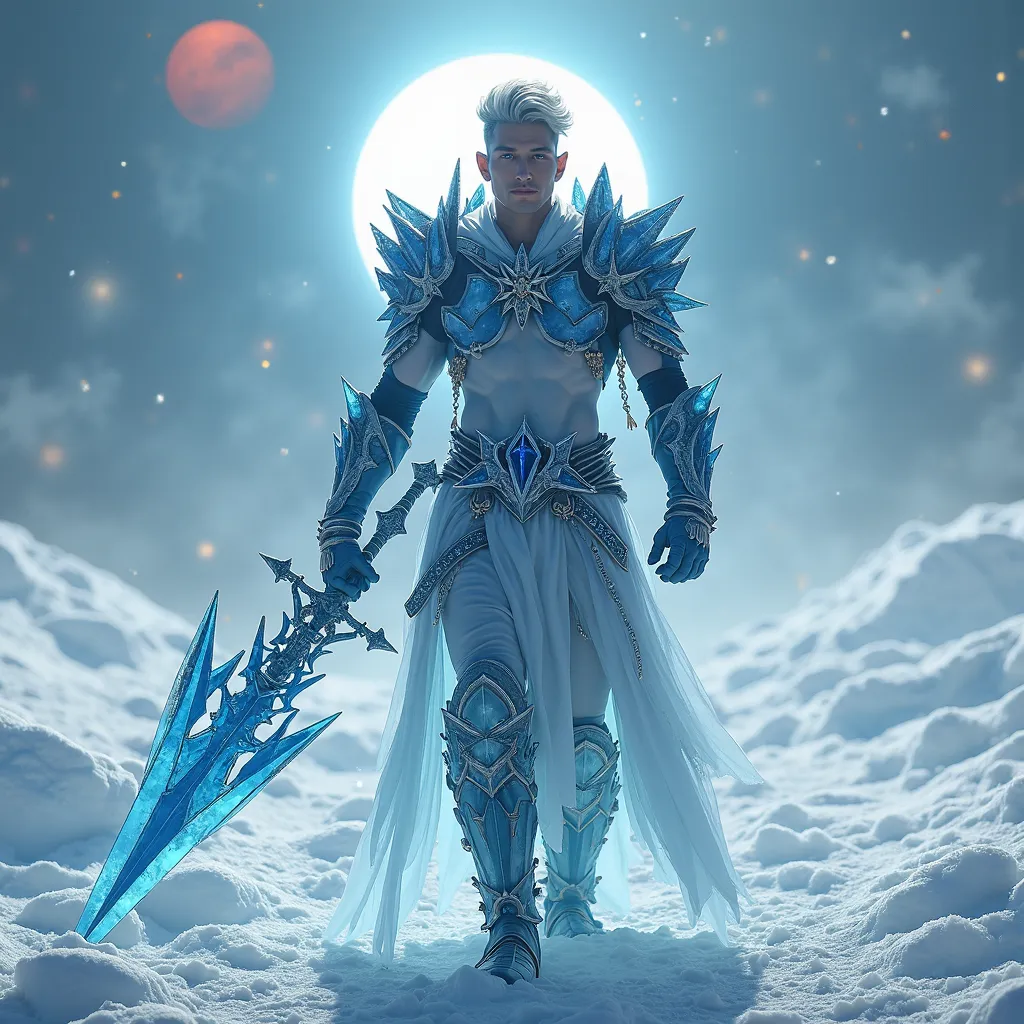 Well front lit image, Full body Hyper photo-realistic image of an Incredibly handsome 20 year old male model type. Masculine handsome Beautiful Celestial God of ice and snow. with v-shaped torso large lanky muscular body builder with narrow waist and well ...