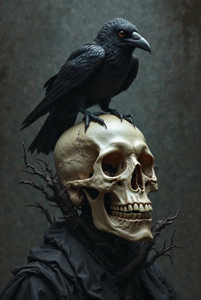 A skull with a raven