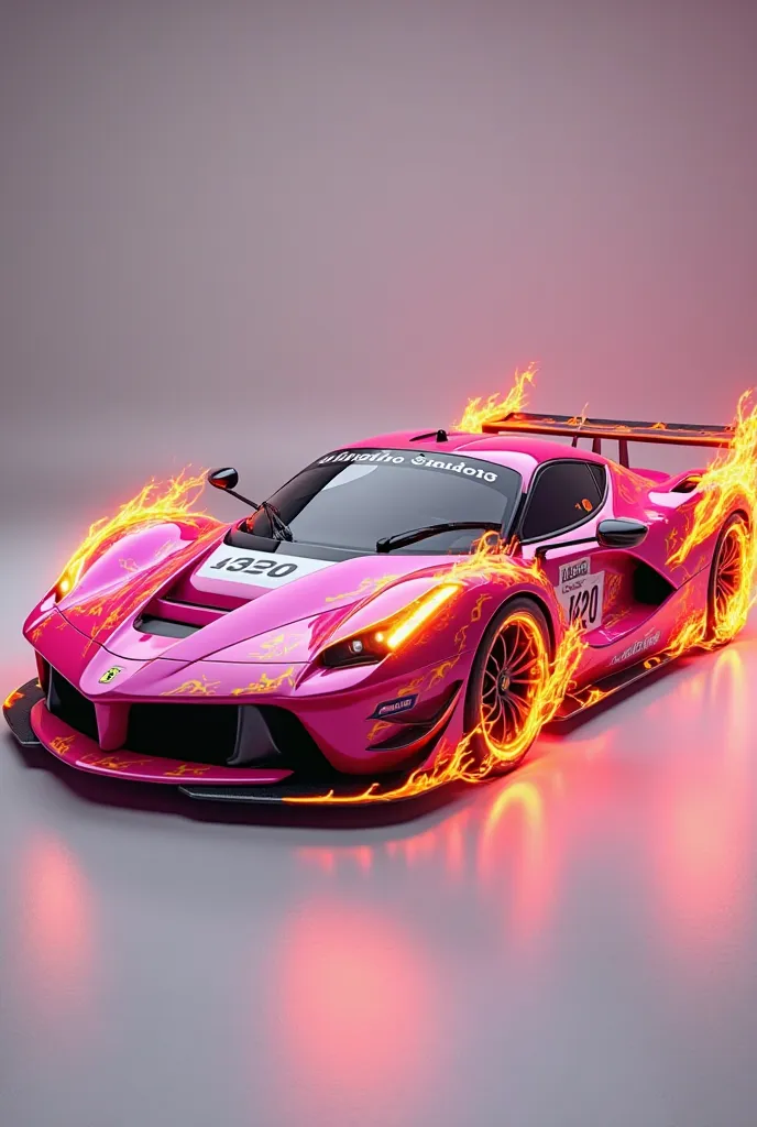 Deportivo Ferrari in pink, With name "coral".flames of fire orange, painted realism. The number "2020" white color is located in the driver's door.. Angled teeth