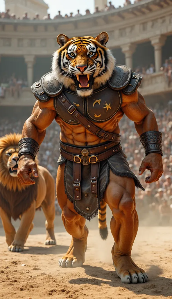 tiger in gladiator body and lion in gladiator body preparing for a fight in arena, camera angle is from down bottom of tigers right leg
