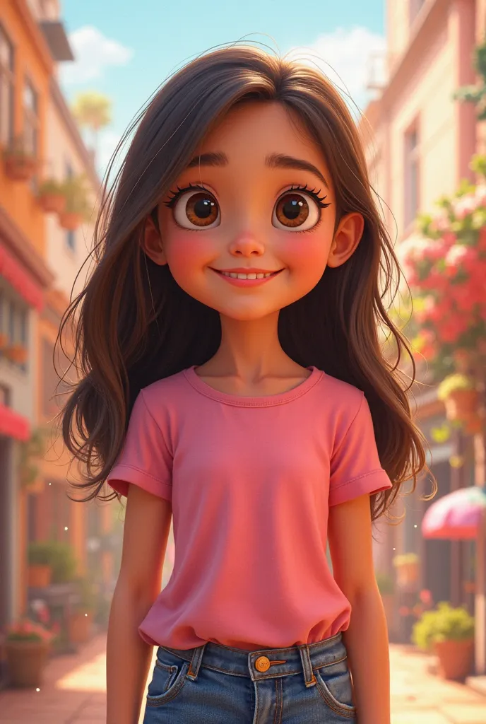 Pixar-style poster of  girl smiling dark brown hair long light skin tone brown eyes with pink top and denim pants 