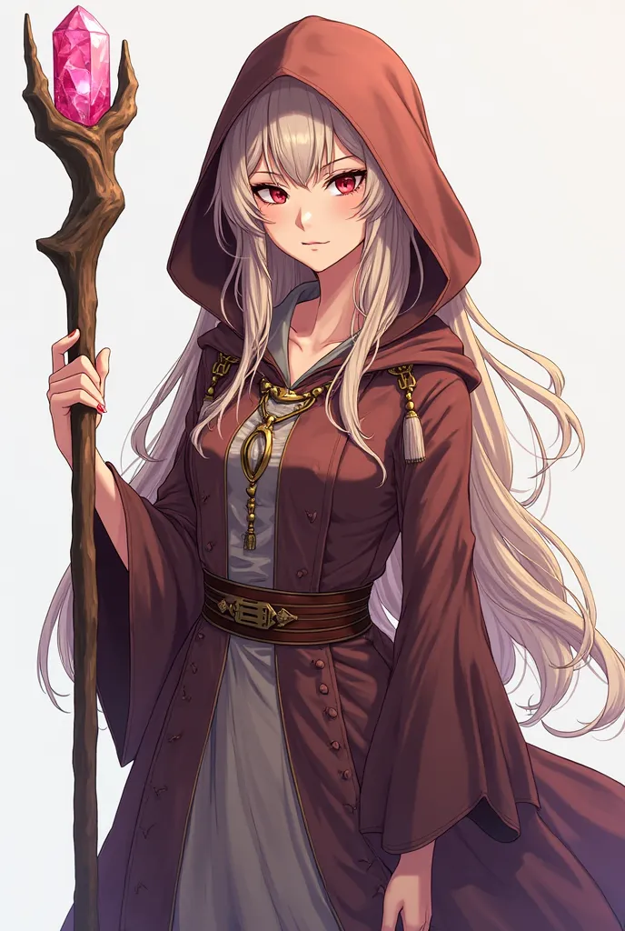 Draw me a magician (Women) about 20 years old with grazed hair wearing a hooded tunic worn on her head and in her hand holding a wooden staff that contains a full-body pink quartz on its upper tip (anime style)