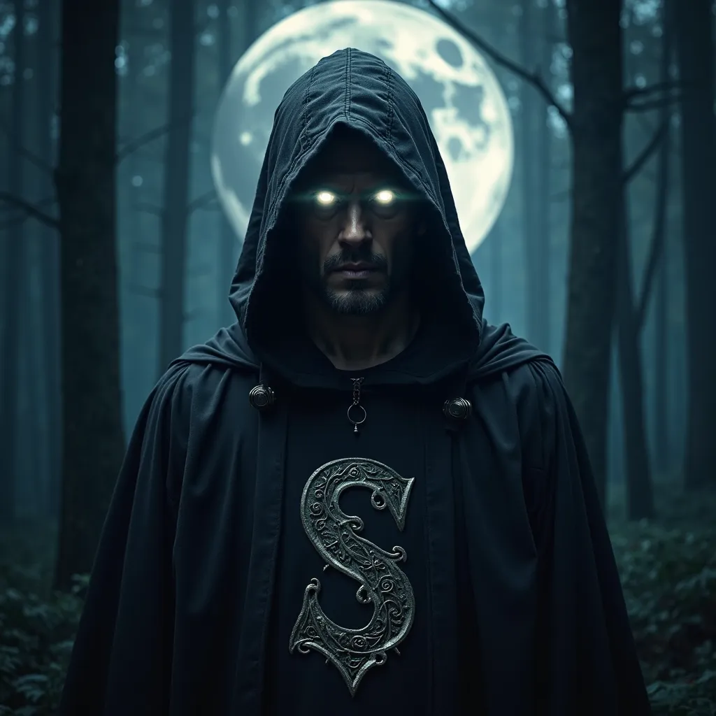 A hyper-realistic depiction of a powerful wizard wearing a dark hooded cloak, standing directly in front of the camera in a dense forest at night. His eyes glow intensely with a mystical light, radiating supernatural energy. On his chest, a bold and striki...