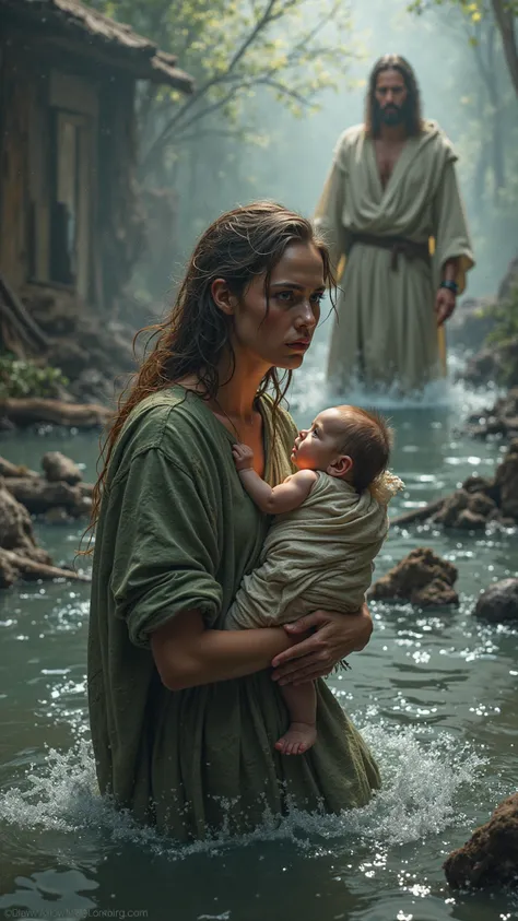 A young woman with a  in her arms, the water is already up to her neck during the flood. Jesus stands nearby on the water and extends his hand to her.