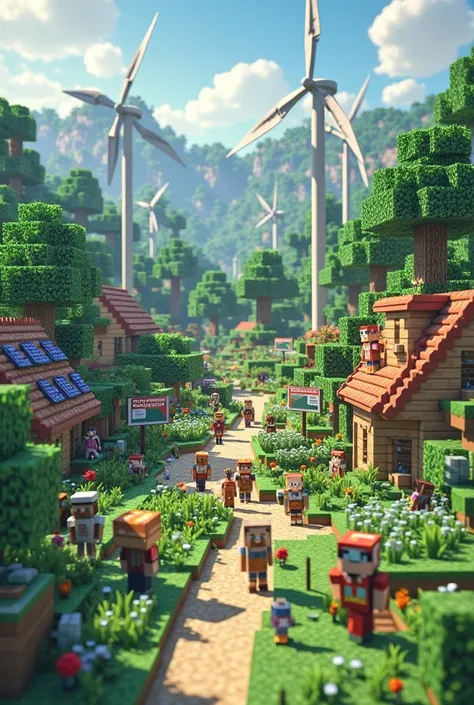 CREATE AN IMAGE THAT DEMONSTRATES SUSTAINABILITY AND INCLUSION AT THE SAME TIME. (USE THE ENVIRONMENT AND STYLE OF THE MINECRAFT GAME TO BUILD THE IMAGE)