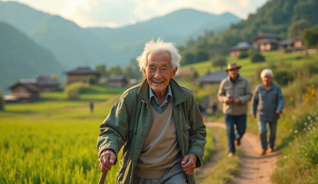 A powerful and motivational image of an elderly person, in their 90s or over 100, walking energetically through a picturesque, natural landscape. The background includes a small, traditional village or rural setting typical of a Blue Zone, with vibrant gre...