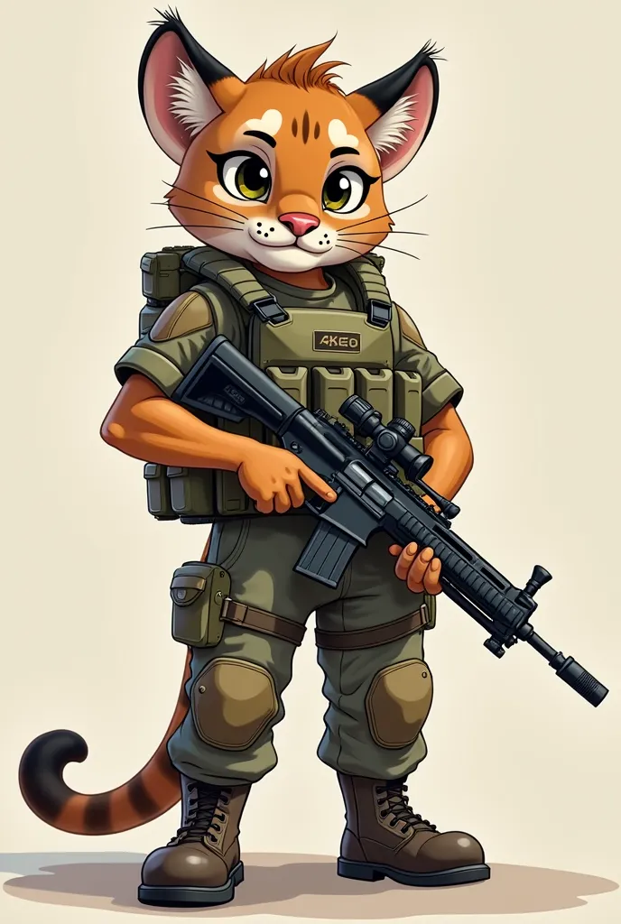 A boy with the features of a puma with large muscles is two meters tall and wearing a full military uniform and a highly protective ballistic vest, the boy carries an AX50 sniper rifle in his hands. cartoon style 