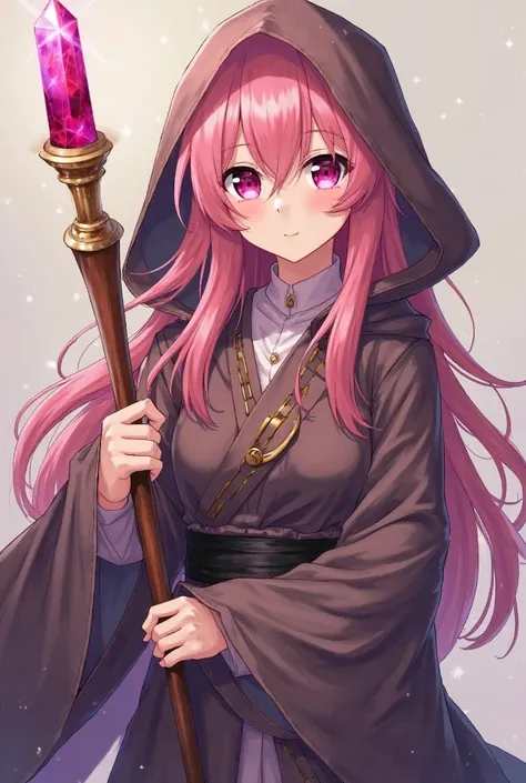 Draw me a magician (Women)  About 20 years old  (pink hair) wearing a hooded robe worn over his head and in his hand holding a wooden staff that at its top tip contains a full-body pink quartz (anime style)