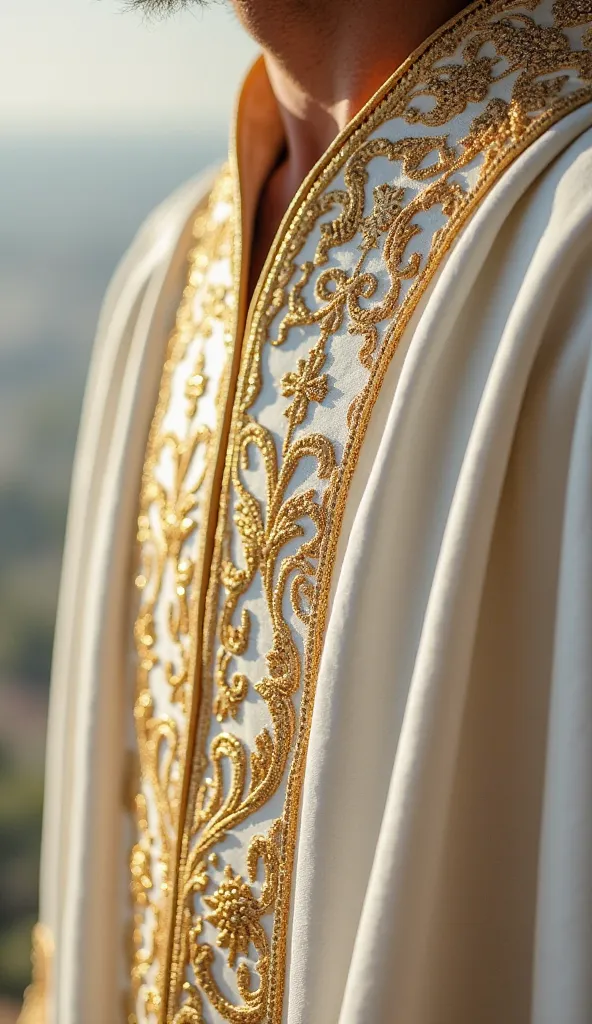 When zooming in on the embroidery of the robe of Jesus, we can see details rich in gold, that stand out elegantly against the pure white of the fabric. O embroidery is composed of symmetrical and ornamental patterns, , slightly reminiscent of designs inspi...