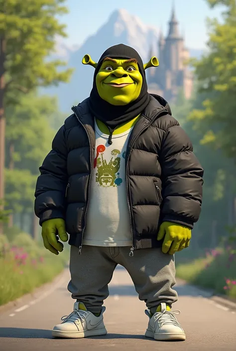 
--- **Description of Shrek in streetwear style:** "Imagina a Shrek, the iconic green ogre , with his bright green skin and big smile. He wears an urban style jacket, perhaps padded and black, that fits his sturdy body. under the jacket, a white t-shirt wi...