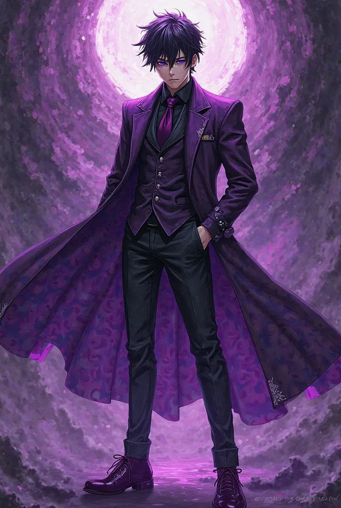 Create a purple boy with a valkyrie and purple suit, black pants and purple shoes- with messy black hair, MALE ANIME VERSION PHOTO PROFILE