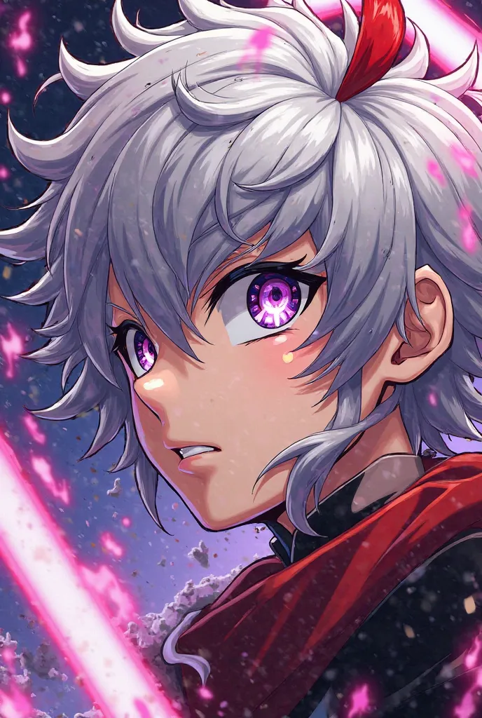 Boku comic panel no hero Academia:   wavy silver hair with a red lock of lilac eyes 