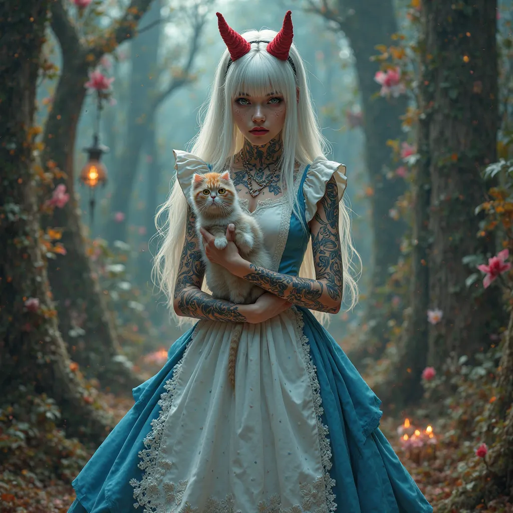 Sexy Alice in Wonderland, with a long nun blue dress  and a white apron, white hair and tattoos, red horns, holding the magic cat,