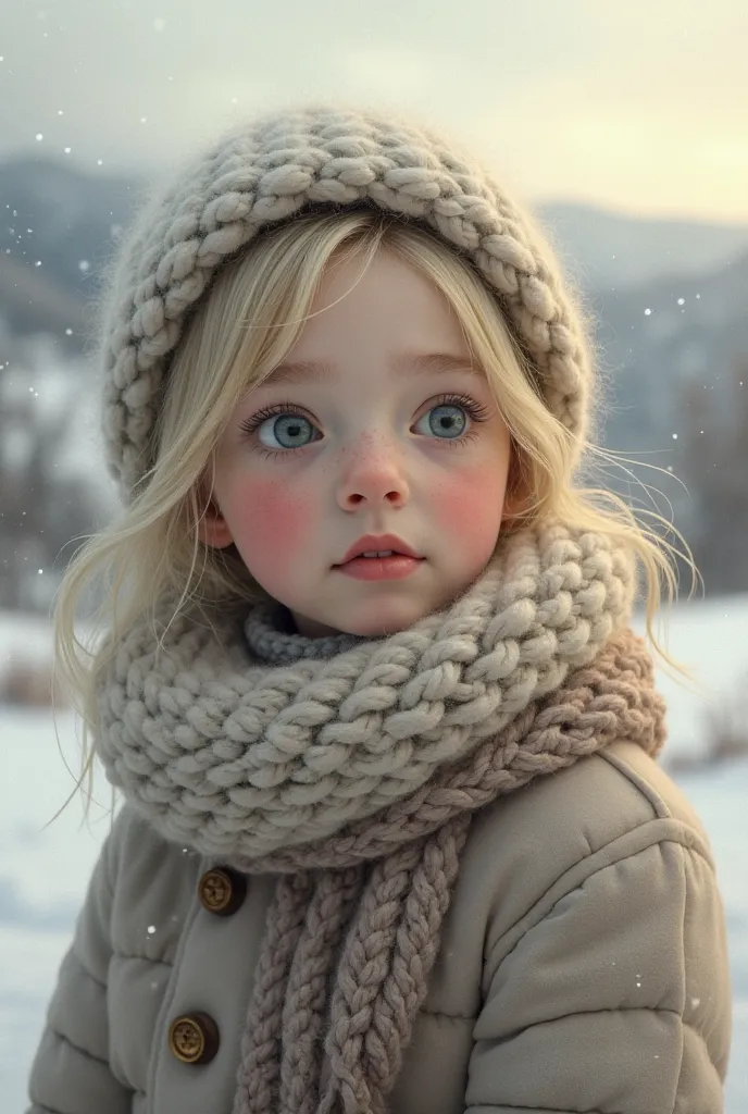 a blonde girl with light eyes in warm clothes