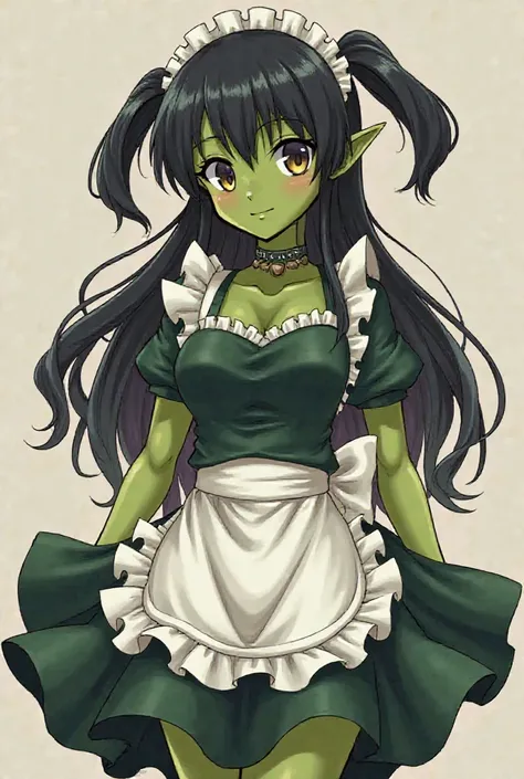 Elf girl, green skin, pointy ears, medium,  midriff, wide hips,  long black hair with 2 pigtails , pecho medium, yellow sclerotis with black eyes,  Maid clothing, linda,  looking at the spectator with a smile, big ass, hentai.