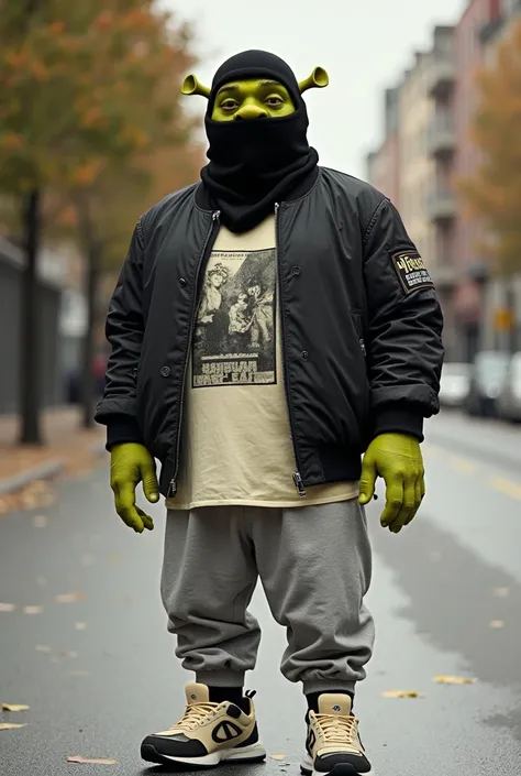 Of course. Here is a description that keeps the style of the original image and adds a balaclava that covers Shrek's entire face except for his eyes:


** Description :**

Shrek, the iconic ogre, he reinvents himself with a contemporary urban style.  He we...