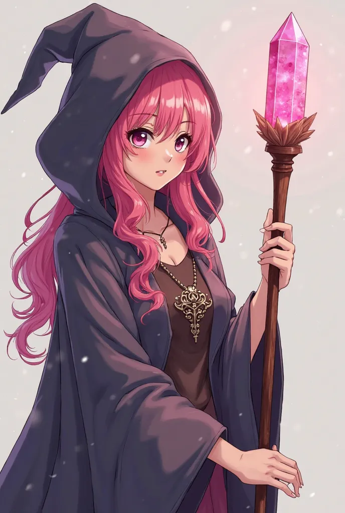 Draw me a magician (Women)  About 20 years old  (pink hair) wearing a hooded robe worn over his head and in his hand holding a wooden staff that at its top tip contains a full-body pink quartz (anime style)