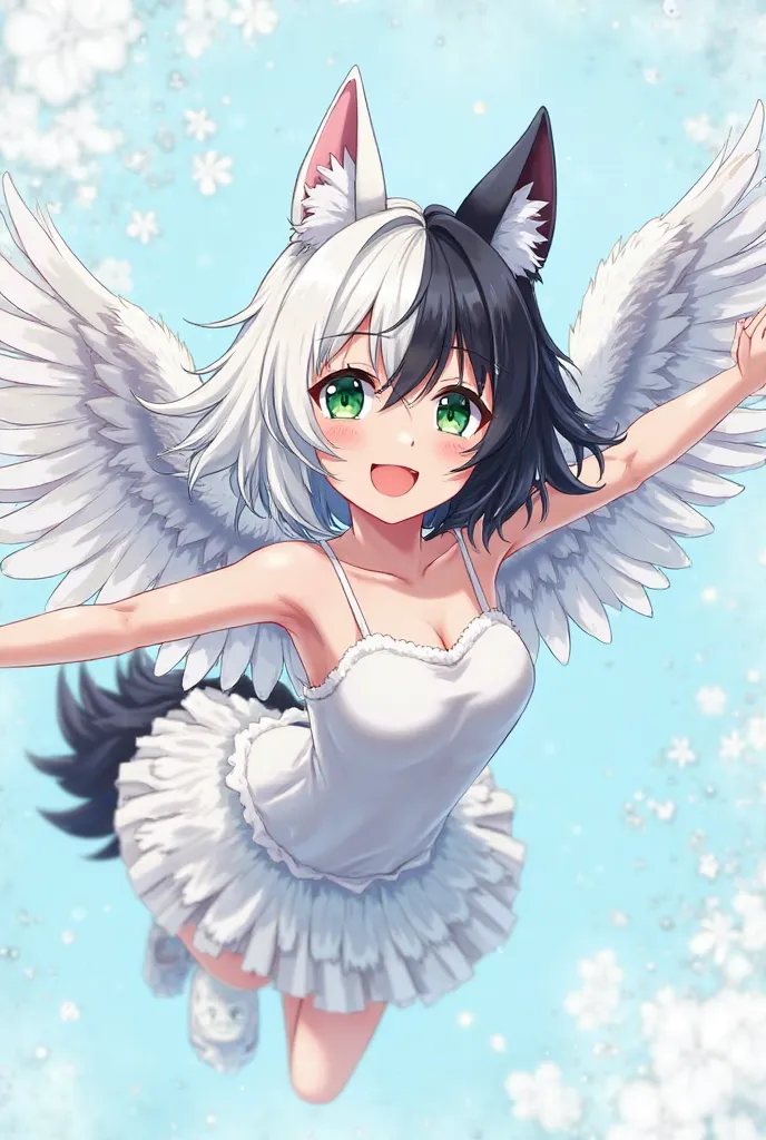 Attractive and beautiful  anime girl, One half of her hair is white and the other half has black hair,It has white wings and white wolf ears,  she has green eyes , He is flying with his arms extended at his sides with white feathers and smiling