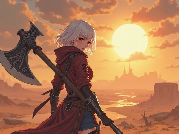 character: anime, female gender, white hair a little below the shoulders, Ruby eyes, Brown Leather, 1. 73 meters tall , opaque screen taver outfit, small tattoos on her skin and wears mysterious symbols, He carries a gigantic legendary axe made of massive ...