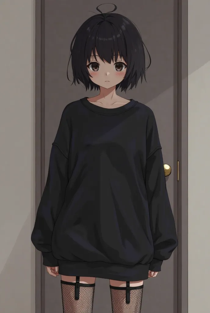 she shows a girl with short black hair, with a fringe that completely covers her eyes. Her facial expression is neutral or serious. She is standing in a door frame,  with a relaxed posture .

 As for her clothing , she is wearing a long sleeve and somewhat...