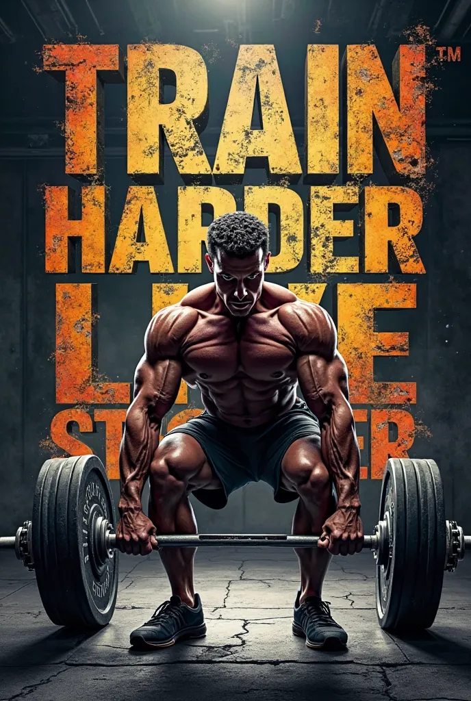 
"Create a powerful, high-energy gym design where the words ‘Train Harder, Live Stronger’ are fully integrated into the artwork. The text should feel like part of the scene—either wrapped around or blended into the background with a bold, distressed, or me...