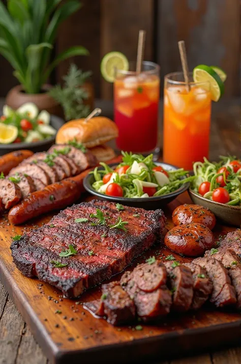 A meat board with barbecue cuts, delicious, meats, sausage, Salads, caipirinha and juices,  high resolution images .