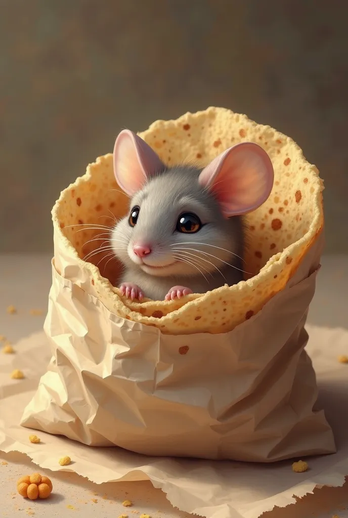 A mouse in a tortilla in a bag