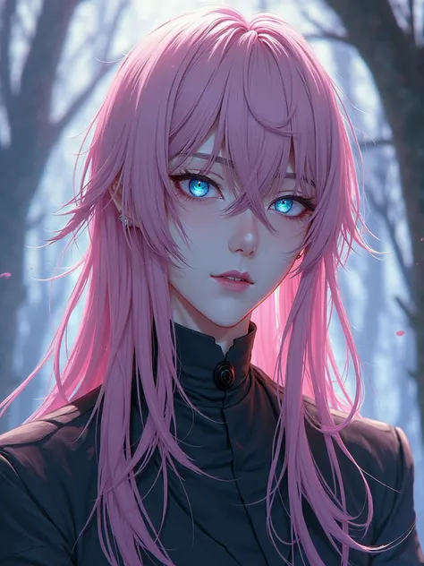 a man with long, straight hair which is pink (Although in the anime her hair color is white),  his blue eyes are slightly droopy and he has long eyelashes 